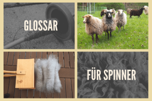 Collage Schafe, Spindel, Karde und Rolags