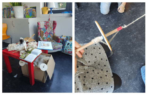 Collage aus zwei Bildern zu Spinnworkshops. Bild 1: Wolle, Spindeln, Karden und ein Kinderbuch sind auf einem Tisch ausgelegt. Bild 2: Kinderhände halten eine Spindel und verdrehen den Faden.