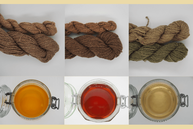 Obere Reihe: Collage Garne von farbig gewachsener Baumwolle, ungekocht und gekocht, in macchiato, chocolate und senfgrün. Untere Reihe: entsprechendes Kochwasser.
