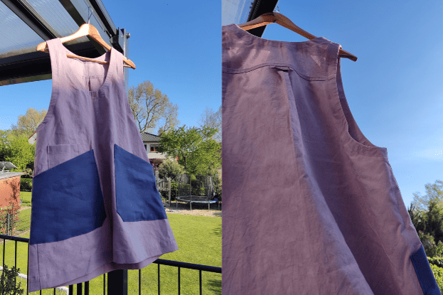 Collage aus zwei Bilder. Vorder- und Rückansicht der Studio Tunic von Sew Liberated aus Alkanna-gefärbtem Stoff. Die tunika hängt auf einem Bügel, im Hintergrund sieht man Wiese , Bäume und einen Metallzaun.