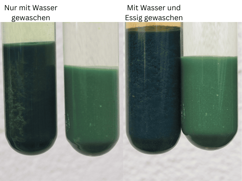 Collage aus 2 Bildern zum Vergleich vorher nachher. Nahaufnahme 2 Reagenzgläser. Linkes Sediment ist tiefgrün auf dem linken Bild und blau auf dem rechten Bild (Sediment mit Essig gewaschen). Das rechte Sediment ist unbehandelt und hell grün.