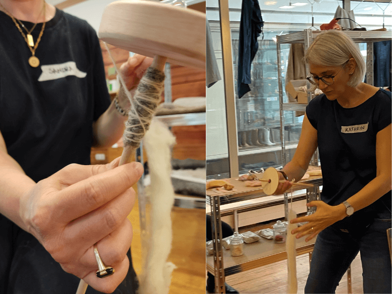 Collage aus zwei Fotos während des Workshops Wool Tasting in Hamburg. Foto credits rechtes Bild: Stephanie Lotzin.