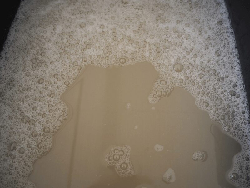 Aufsicht auf braun-trübes Einweichwasser von Schafwolle. Auf der Oberfläche ist Schaum zu sehen, der aber nicht von Waschmitteln herrührt.